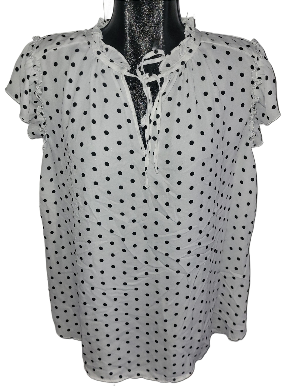 Tamara H Women’s White Polka Dot Tie-Neck Short Sleeve Blouse Size 1X